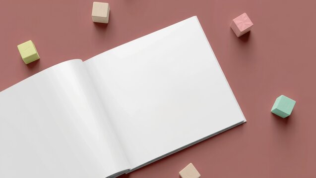 Open square children's book mockup with colorful blocks for design inspiration