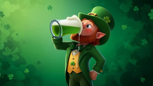 Cartoon character man leprechaun drinking green beer from glass mug on st patrick day concept. Lucky clover backdrop.