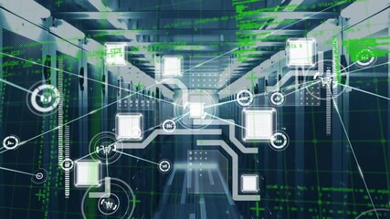 Animation of data processing and network of connections over server room - Powered by Adobe