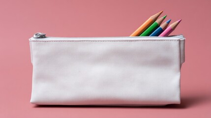 Blank white pencil case with colorful pencils for creative stationery designs
