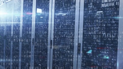 Animation of data processing binary coding over computer servers in background - Powered by Adobe