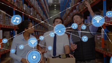 Animation of network of connections with icons over happy diverse warehouse workers - Powered by Adobe