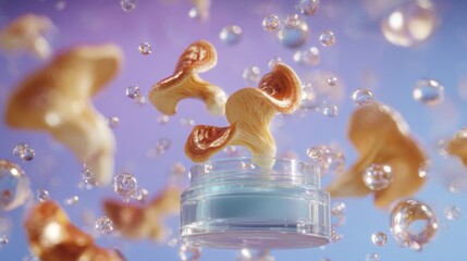 Levitation concept with floating reishi mushrooms in serene atmosphere