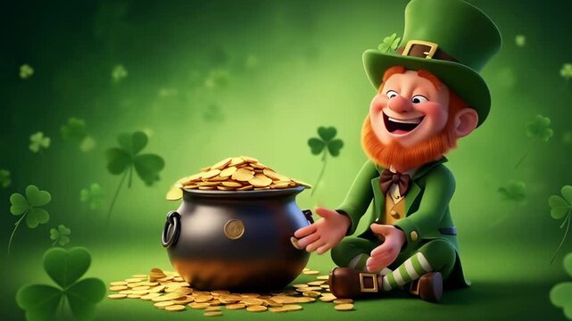Cheerful leprechaun playing with gold coins from a pot on a shamrock-filled day, saint patrick day concept.