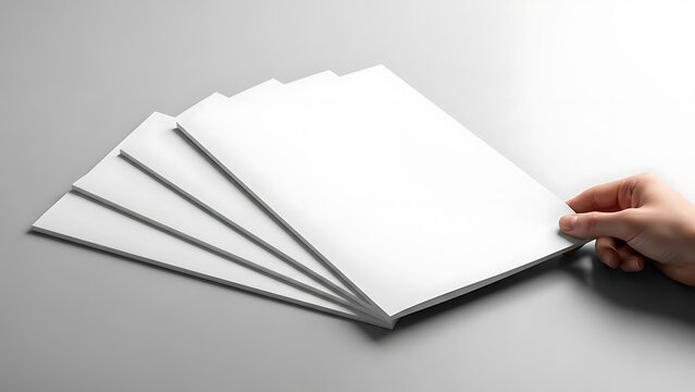 Mockup of a hand holding a stack of white blank magazines or brochures