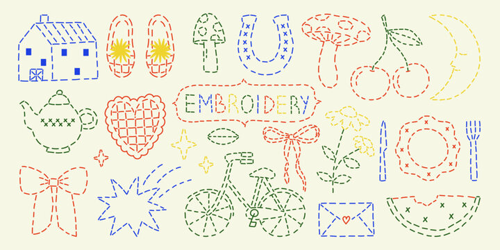 Embroidery stitches doodle illustrations. Dashed line vintage needlecraft clipart. Hand-made cottagecore sewing elements. Vector design