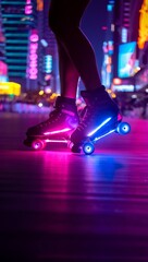 Obraz premium Silhouette roller skating in vibrant neon urban scene at night