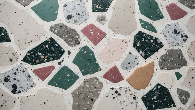 Premium large aggregate terrazzo flooring texture, white concrete with colorful marble chunks