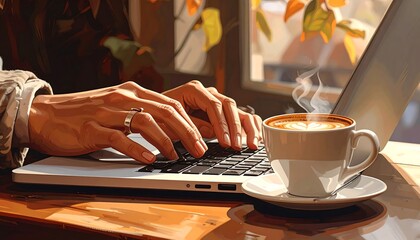 Close-up of hands typing on a laptop with a cup of coffee nearby.