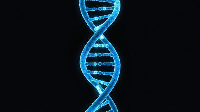 Abstract 3D Rendering of a Glowing Blue DNA Double Helix Structure Against a Dark Background Symbolizing Genetics and Biology