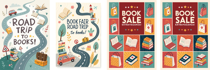 Creative book fair sale poster with bold greeting featuring road trip and halloween themes