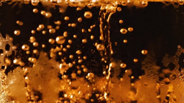 Refreshing amber bubbles and liquid stream create a captivating abstract background for beverages and celebrations