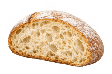 Halved artisanal sourdough bread revealing its texture, light interior, and golden-brown crust. Transparent background