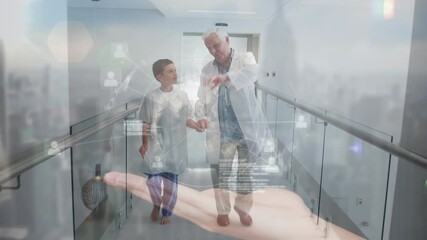 Mid section of businessman and businesswoman shaking hands at office over aerial view of cityscape - Powered by Adobe