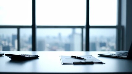 A clean, modern office desk featuring a calculator, financial documents, and a laptop, set against a blurred city view.