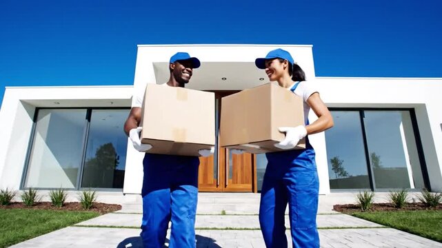 Movers Team: A pair of professional movers carrying boxes in front of a modern house, symbolizing relocation and the start of a new chapter. 