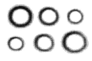 Black halftone circles pattern transparent background, dotted rings creative graphic design element set, abstract grunge texture