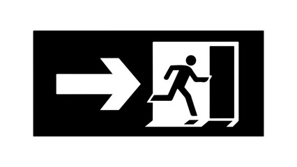 Emergency exit sign with a person running towards a bright opening, indicating a safe escape route and safety procedure