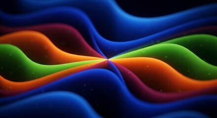 Vibrant abstract composition of flowing, colorful wavy lines converging towards a central point, creating a dynamic and ethereal visual effect with subtle light particles.