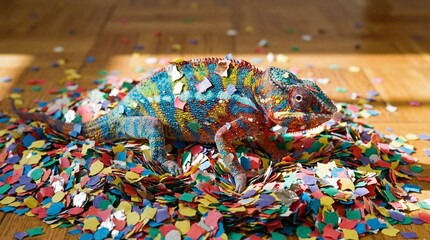 Vibrant panther chameleon standing on a wooden floor covered in a festive explosion of colorful confetti.