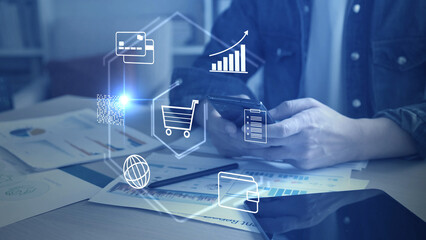 Digital online shopping and fintech payment. Mobile banking app, e-commerce market, virtual credit card, internet retail business, smart wallet technology, and global trade network.