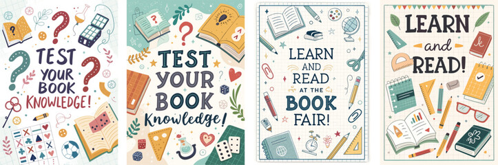 Creative book fair workshop posters featuring learning reading and quiz themes