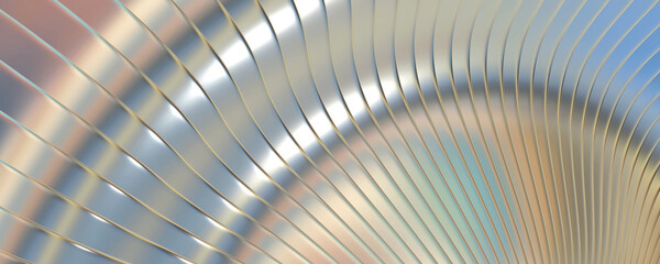 Abstract iridescent striped pattern background, wavy holographic purple blue stripes pattern, interesting architectural minimal wallpaper.