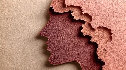 Silhouette of a human face cut into layered paper creating an abstract artistic and textured representation of thought and emotion.