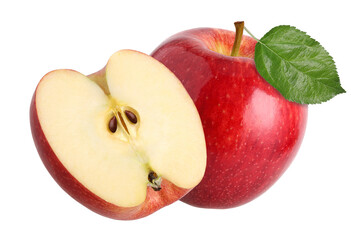 red apple with leaves and half isolated, transparent PNG, Close-up shot