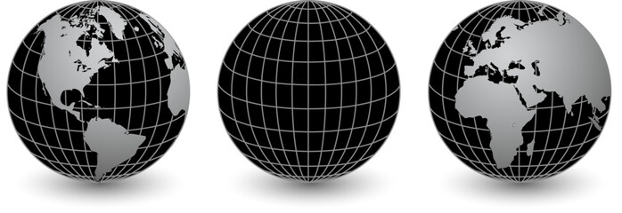 Earth globe 3D icons silver black, planet earth with meridians and parallels, 3D international business logo.