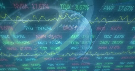 Animation of graphs and financial data over blue world map and black background - Powered by Adobe