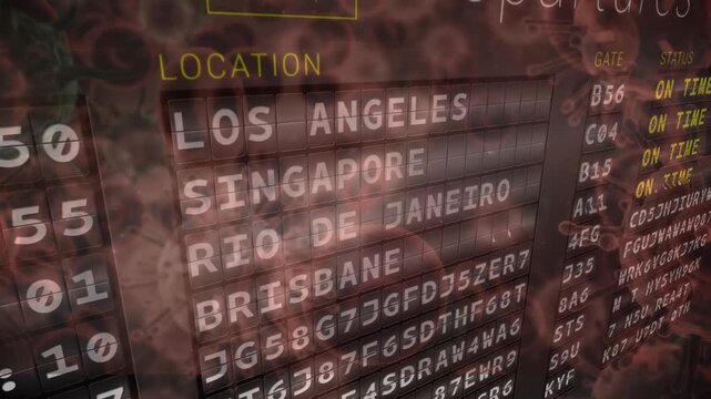 Airport information board and covid-19 cells floating against red background
