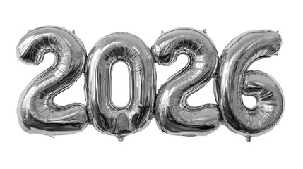 silver 2026 metallic party balloons isolated on transparent background