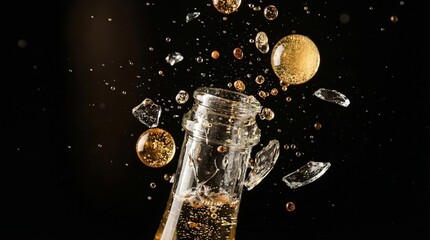 Dynamic close-up of a champagne bottle exploding with liquid and glass shards flying against a dark background.