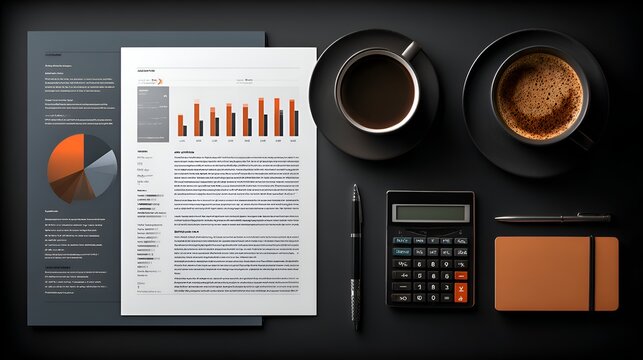 Aerial view shows financial report, calculator, coffee, and stationery set neatly arranged on a dark work table offe a professional workspace.