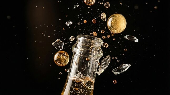 Dynamic close-up of a champagne bottle exploding with liquid and glass shards flying against a dark background.