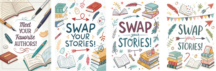 Creative book swap fair posters featuring "swap your stories" and "swap your books" with whimsical graphics