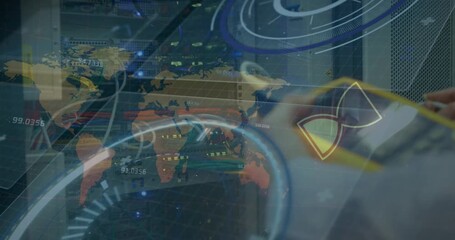 Animation of data processing and globe over server room - Powered by Adobe