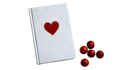 Heart on book with scattered candies isolated on transparent background