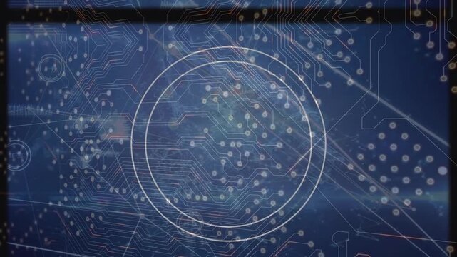 Animation of integrated circuit, connections and tape reel on navy background