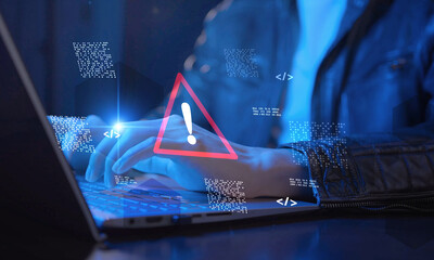 Scam alert Digital fraud warning Cyber security System malfunction and virus alert Internet safety Caution and data protection. Hacking attack caution and critical server error notification.