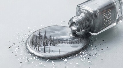 Liquid silver nail polish pouring out, reflecting a serene winter landscape with a frozen lake, bare trees, and distant mountains, surrounded by sparkling glitter.