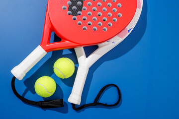 Two padel rackets with wrist straps and balls on blue court background