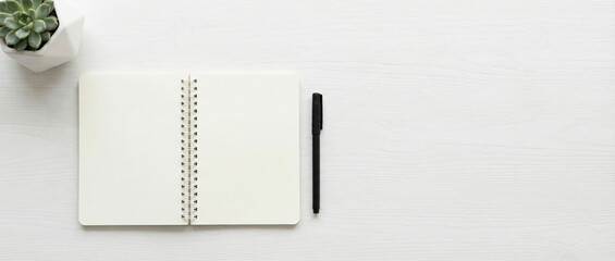 Above flatlay view photo of open clear with empt y space copybook on spiral with dark black pen and succulent isolated white wooden backdrop