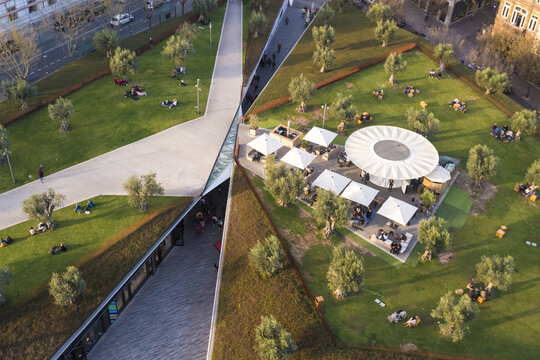View of geometric pathways cutting through vibrant green spaces dotted with trees and people lounging in the sun, Porto, Porto District, Portugal.