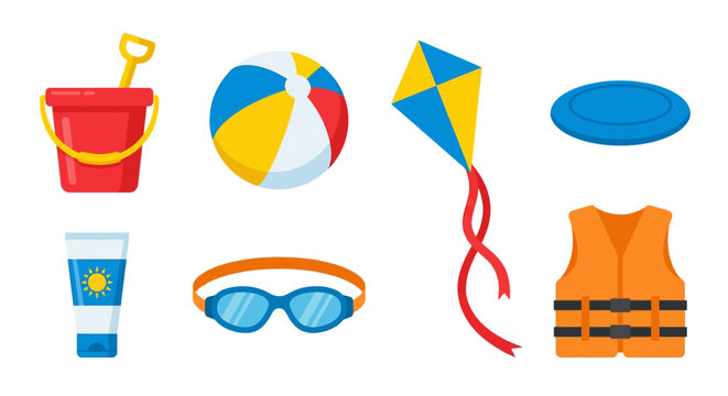 Colorful beach summer play icon set with sand bucket beach ball flying kite blue frisbee sunscreen bottle sunglasses and orange life vest perfect for seaside vacation water safety outdoor fun