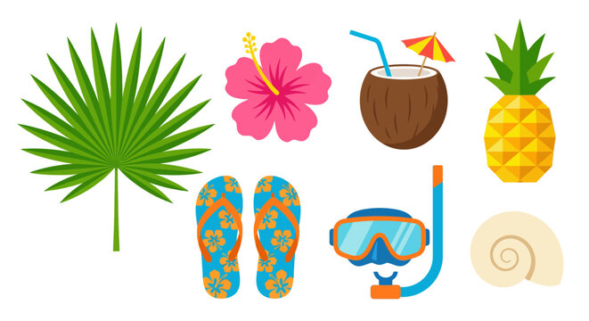 Tropical summer vacation icon collection with palm leaf pink hibiscus coconut drink pineapple flip flops snorkel mask and seashell perfect for beach paradise resort holiday travel