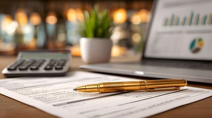 A golden pen rests on a document with calculator and laptop displaying graphs in a bright workspace environment for business analysis.