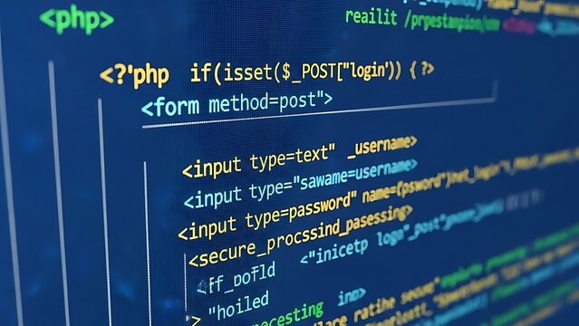 Code, HTML, php web programming source code. Abstract code background - 3d rendering