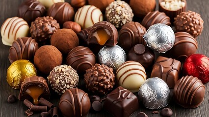 Main Subject: A decadent collection of assorted gourmet chocolate truffles and pralines.